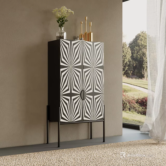 Modern Black White Entryway Console Cabinet With Geometric Pattern Gold Decor And Natural Light 3d model 