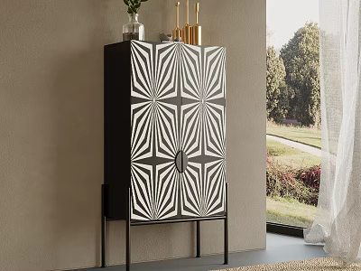 Modern Black White Entryway Console Cabinet With Geometric Pattern Gold Decor And Natural Light 3d model
