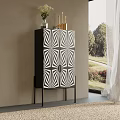 Modern Black White Entryway Console Cabinet With Geometric Pattern Gold Decor And Natural Light