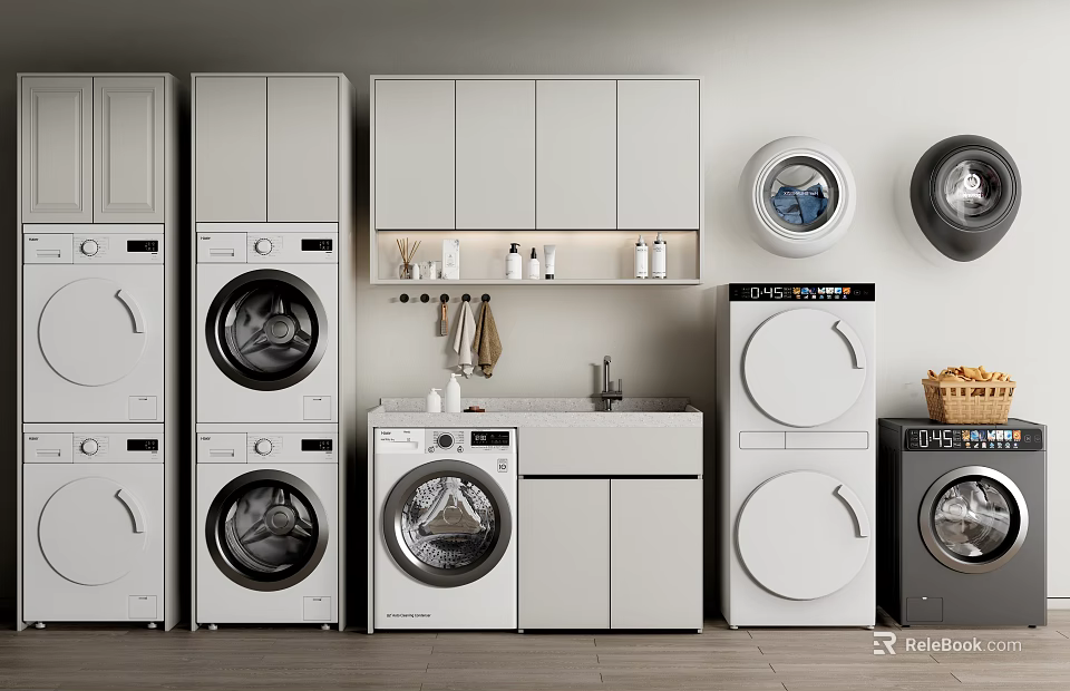 Modern Bathroom Cabinet Rack With Multiple Storage Cabinets Washing Machines And Open Shelves 3d model 