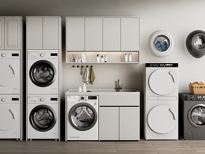Modern Bathroom Cabinet Rack With Multiple Storage Cabinets Washing Machines And Open Shelves 3d model