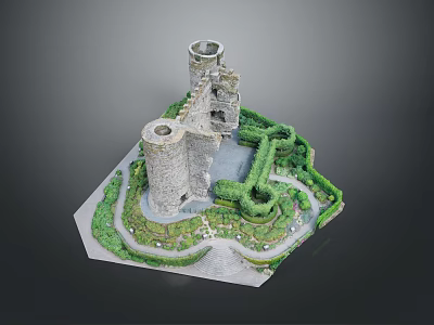 Detailed Castle Model With Stone Towers Hedges Pathways And Greenery 3d model