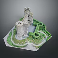 Detailed Castle Model With Stone Towers Hedges Pathways And Greenery