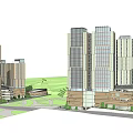 Modern Commercial Complex Featuring High Rise Buildings Central Plaza And Green Spaces