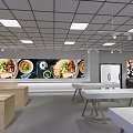 Modern Exhibition Hall With White Display Tables Wooden Legs Large Screen And Bright Lighting
