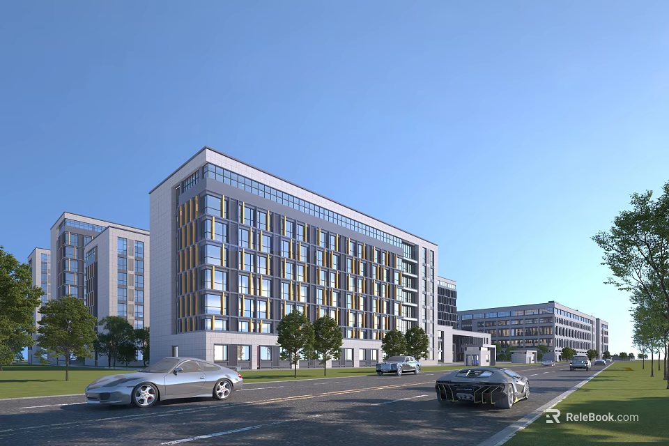 Modern Industrial Factory Building Exterior With Large Windows Road Cars And Greenery 3d model 