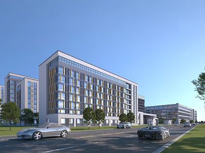 Modern Industrial Factory Building Exterior With Large Windows Road Cars And Greenery 3d model