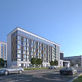 Modern Industrial Factory Building Exterior With Large Windows Road Cars And Greenery
