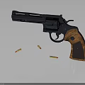 Classic Revolver With Black Metal Body And Wooden Grip Surrounded By Ammunition On Gray Background