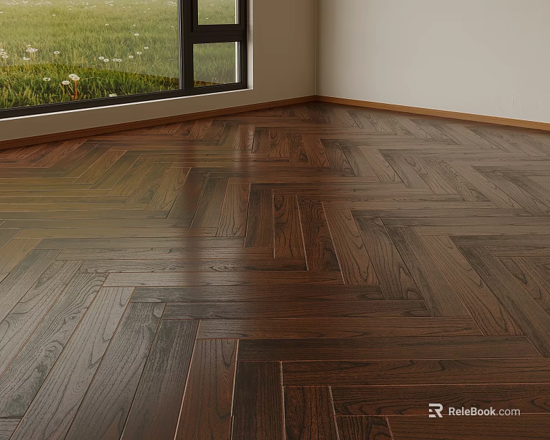 Dark Brown Herringbone Pattern Wooden Flooring With Glossy Finish In Room Interior 3d model 