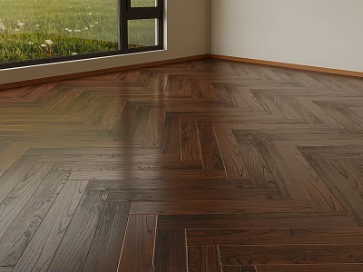 Dark Brown Herringbone Pattern Wooden Flooring With Glossy Finish In Room Interior 3d model
