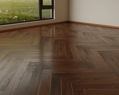 Dark Brown Herringbone Pattern Wooden Flooring With Glossy Finish In Room Interior 3d model