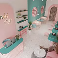 Pastel Living Room Interior With Pink Sofa Teal Walls Green Plants And Round Coffee Table