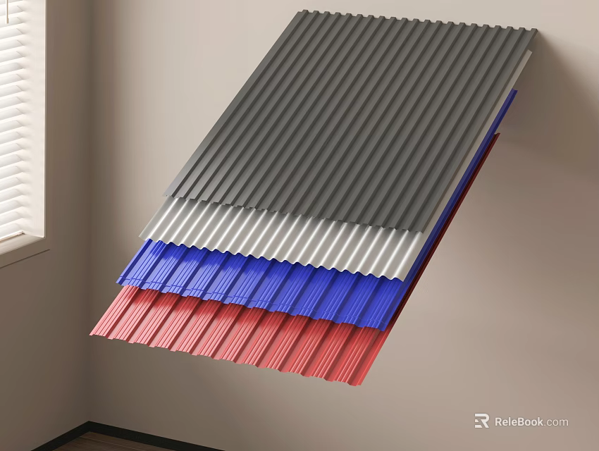 Gray White Blue Red Corrugated Awning Sheets Stacked In Indoor 3d model
