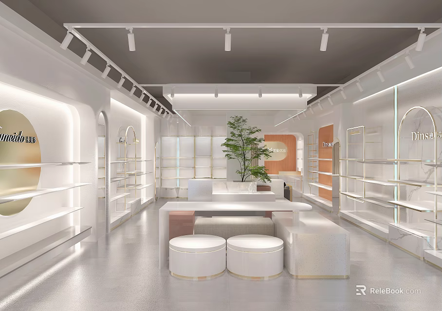 Modern Luxury Specialty Store Interior With White Display Shelves Green Plant Counter And Round Stools 3d model 