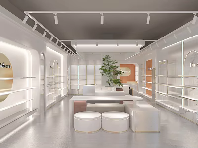 Modern Luxury Specialty Store Interior With White Display Shelves Green Plant Counter And Round Stools 3d model