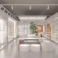 Modern Luxury Specialty Store Interior With White Display Shelves Green Plant Counter And Round Stools