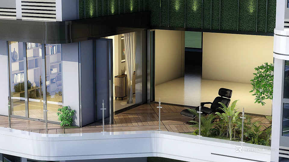 Modern Balcony With Glass Doors Wooden Flooring Black Lounge Chair And Green Plants 3d model 