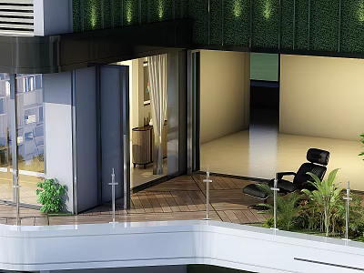 Modern Balcony With Glass Doors Wooden Flooring Black Lounge Chair And Green Plants 3d model