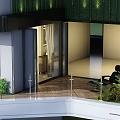 Modern Balcony With Glass Doors Wooden Flooring Black Lounge Chair And Green Plants