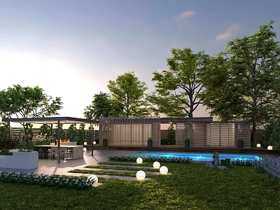 Modern Courtyard Garden Featuring Swimming Pool Outdoor Dining Table Lush Trees Wooden Structure and Lighting 3d model
