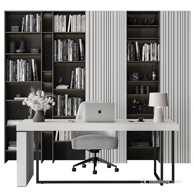 Modern Office Desk With Laptop Table Lamp Flower Vase And Bookshelves 3d model 
