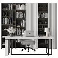 Modern Office Desk With Laptop Table Lamp Flower Vase And Bookshelves