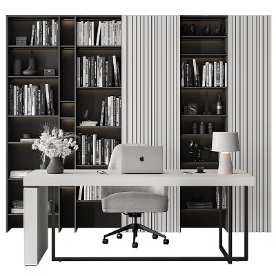 Modern Office Desk With Laptop Table Lamp Flower Vase And Bookshelves 3d model