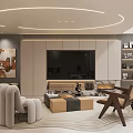 Modern Living Room Interior Design With Circular Ceiling Light Brown Chair And Decorative Shelves