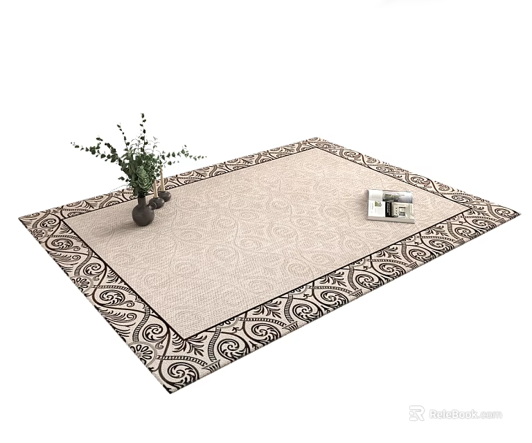 Square Beige Carpet With Ornate Border Pattern Green Plant And Books On Surface 3d model