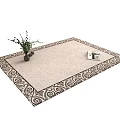 Square Beige Carpet With Ornate Border Pattern Green Plant And Books On Surface 3d model