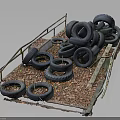 Used Automotive Car Tires Stacked On Metal Pallet With Dry Leaves