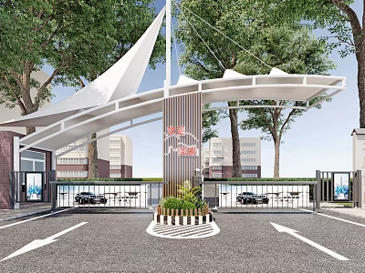 Modern Entrance Gate Design With Canopy Trees And Decorative Column 3d model