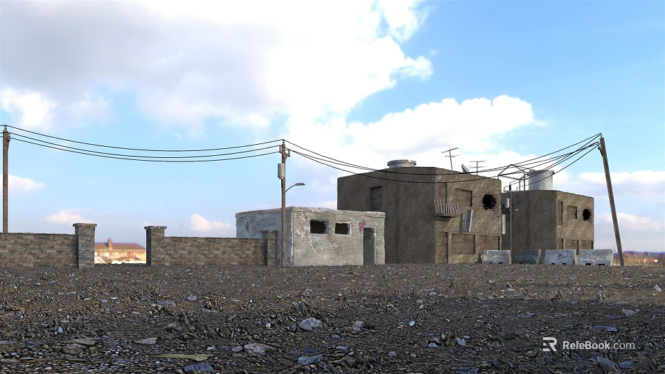 Dilapidated Urban Buildings On Gravel Ground With Utility Poles Power Lines And Blue Sky Clouds 3d model 
