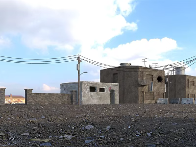 Dilapidated Urban Buildings On Gravel Ground With Utility Poles Power Lines And Blue Sky Clouds 3d model