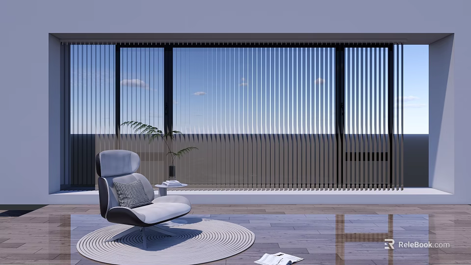 Modern Interior With Window Dividers Vertical Slats Gray Chair Round Rug And Blue Sky View 3d model 
