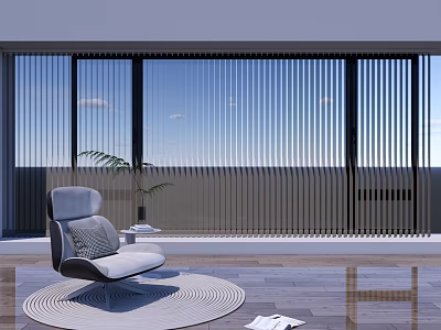 Modern Interior With Window Dividers Vertical Slats Gray Chair Round Rug And Blue Sky View 3d model