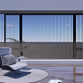 Modern Interior With Window Dividers Vertical Slats Gray Chair Round Rug And Blue Sky View