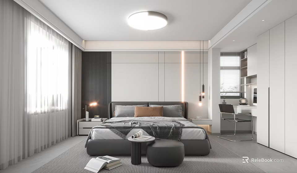 Modern Bedroom Interior Design With Gray Bedding Brown Pillows Nightstands Lamps And Work Desk 3d model 