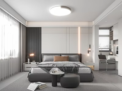 Modern Bedroom Interior Design With Gray Bedding Brown Pillows Nightstands Lamps And Work Desk 3d model