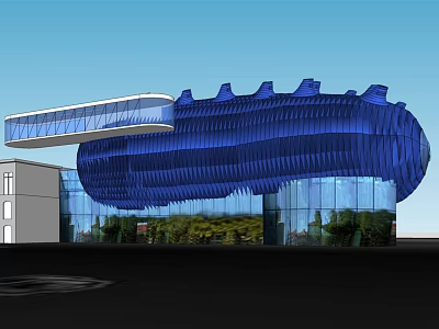 Modern Architectural Building With Blue Wavy Roof Glass Facade And Adjacent White Structure 3d model