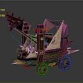 Ancient Military War Vehicle Featuring Wooden Catapult Mechanism Red Wheels And Canvas Canopy