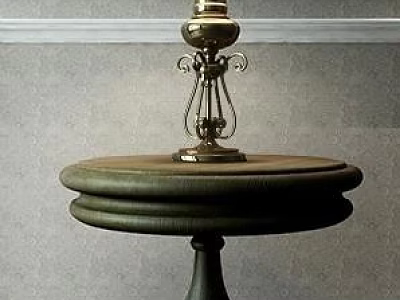 Classic Wooden Round Side Table With Table Lamp And Framed Wall Paintings 3d model