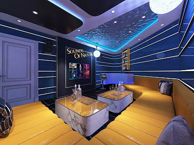 Stylish KTV Interior Design With Blue Walls Yellow Sofas And Coffee Tables 3d model