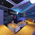 Stylish KTV Interior Design With Blue Walls Yellow Sofas And Coffee Tables