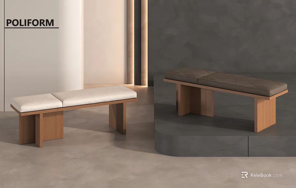 Modern Wooden Bench With Light And Dark Cushions In Minimalist Indoor Setting 3d model 