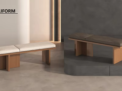 Modern Wooden Bench With Light And Dark Cushions In Minimalist Indoor Setting 3d model