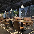 Modern Hot Pot Restaurant Interior With Green Wall Wooden Decor And Bull Sculpture