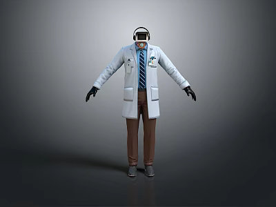 Modern White Lab Coat With Headphones Brown Pants Black Gloves And Shoes 3d model