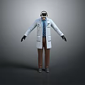 Modern White Lab Coat With Headphones Brown Pants Black Gloves And Shoes